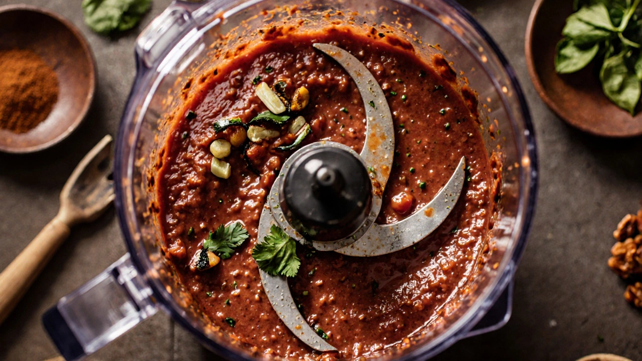 A blender processing a smooth masala paste of cooked spices, tomatoes, and garlic into a velvety sauce.