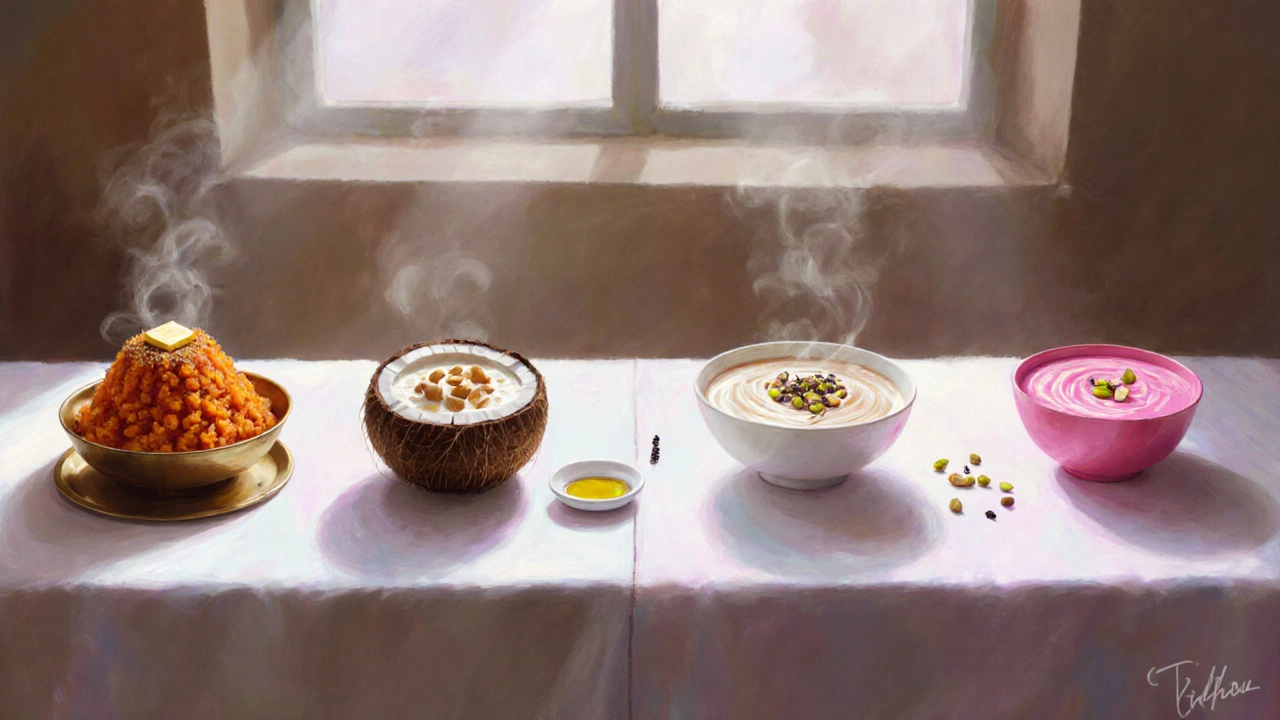 Banquet table showing regional Indian sweet dishes from north, south, east, and west.