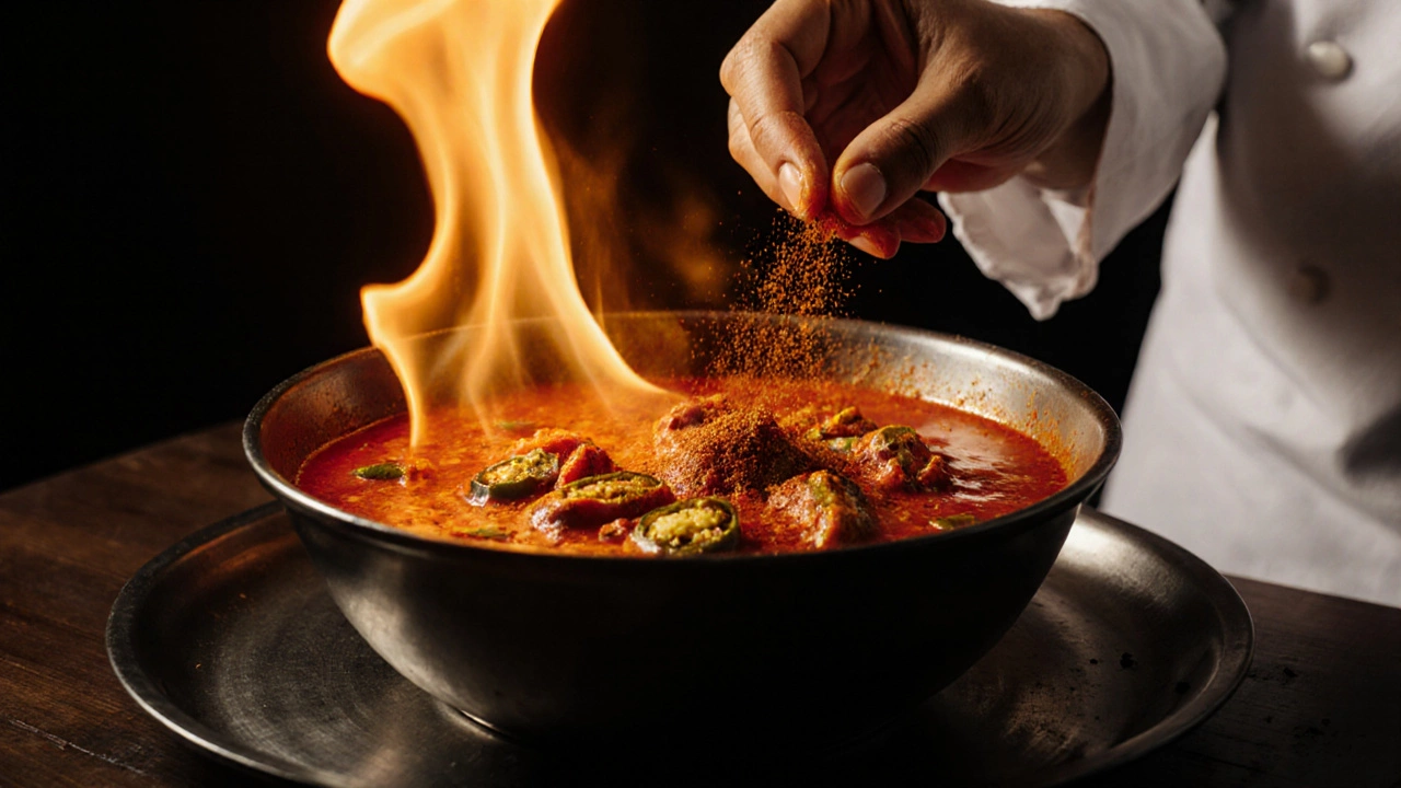 Bowl of fiery Phaal curry with visible ghost peppers and surrounding flames.
