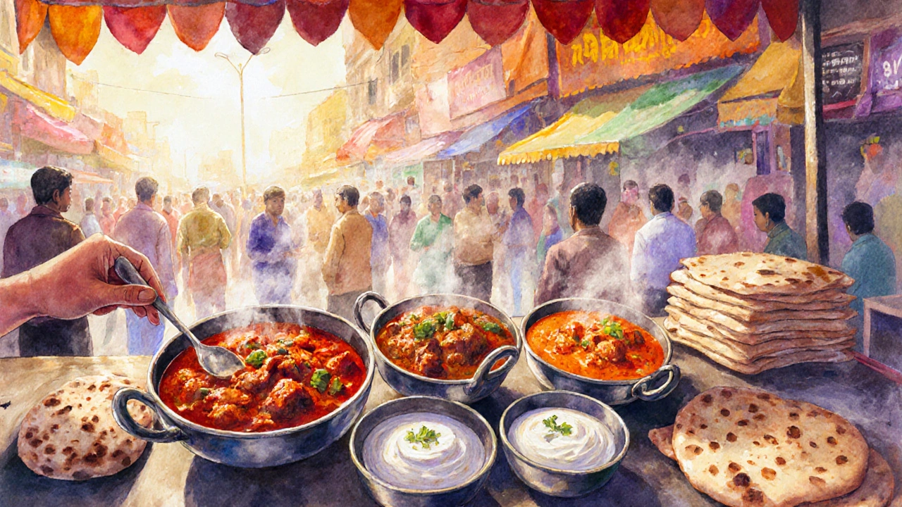 Busy Indian street food stall with multiple spicy curry bowls, raita, and naan.