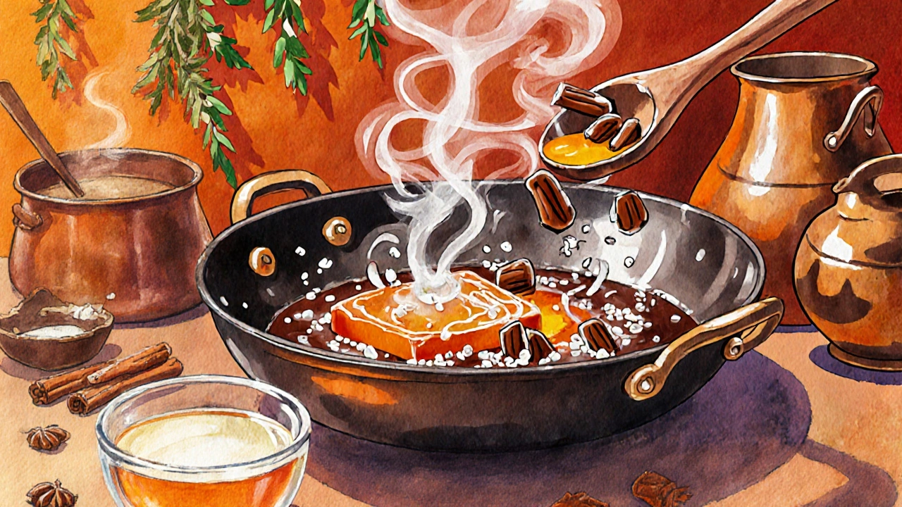 Caramelizing jaggery in a wok with toasted spices and saffron milk infusion nearby.