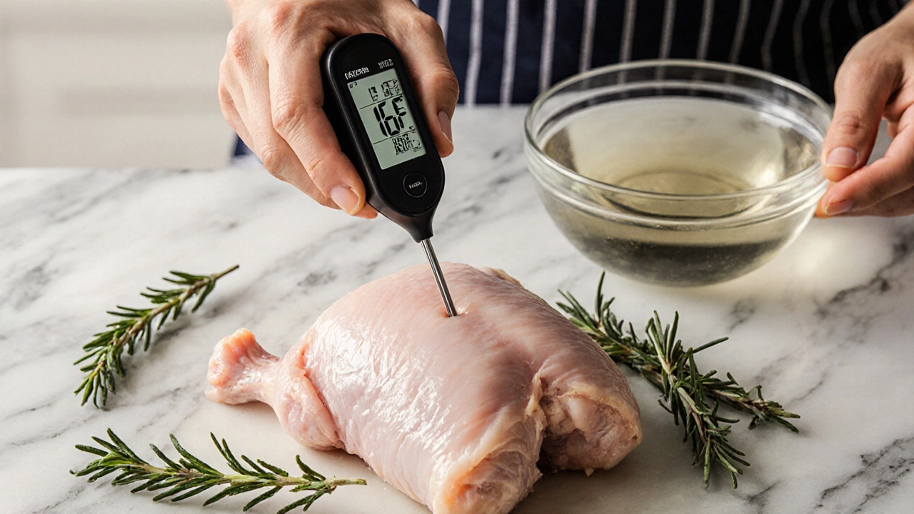 Chef&#039;s hands using a digital thermometer on chicken thigh beside herbs.