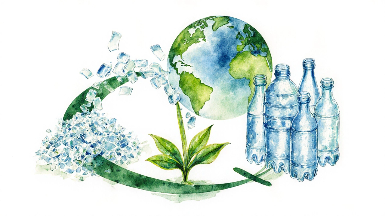 Circular recycling loop turning used PET into new bottles with a green plant.