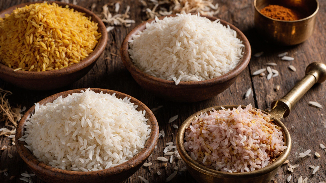 Close‑up of five bowls showing distinct Indian rice varieties on a wooden table.