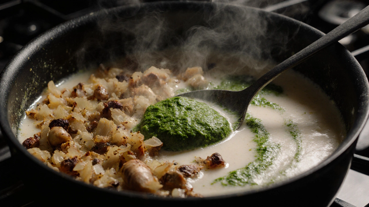 Close‑up of sautéed onions, garlic, ginger and toasted spices swirling in coconut milk.