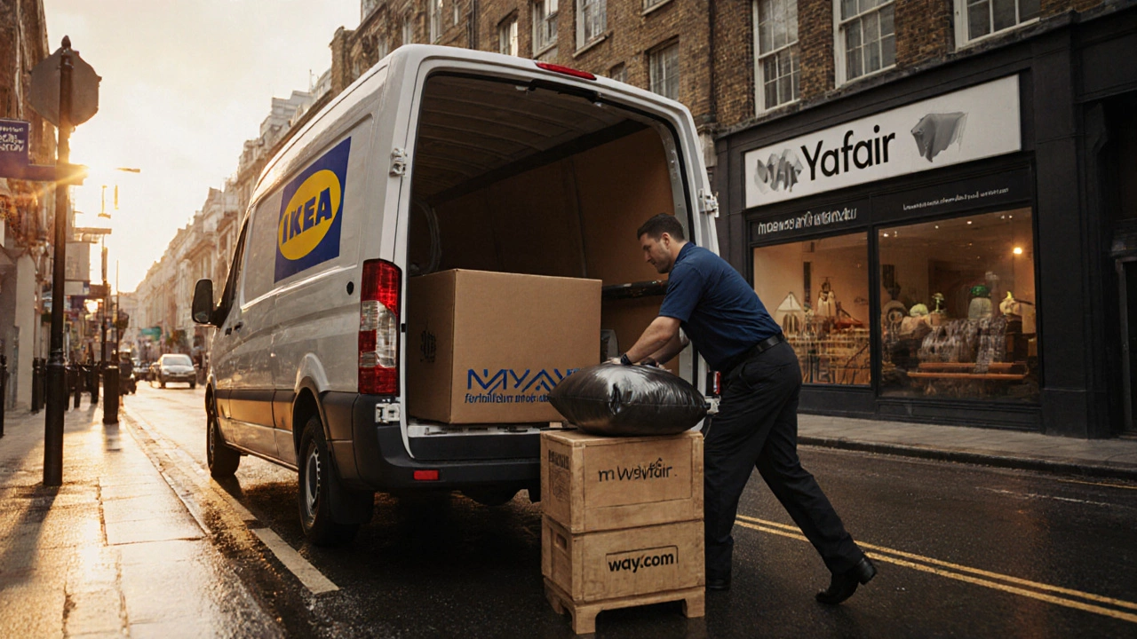 Delivery van on a London street loading IKEA box, John Lewis sofa crate, and Wayfair parcel at sunset.