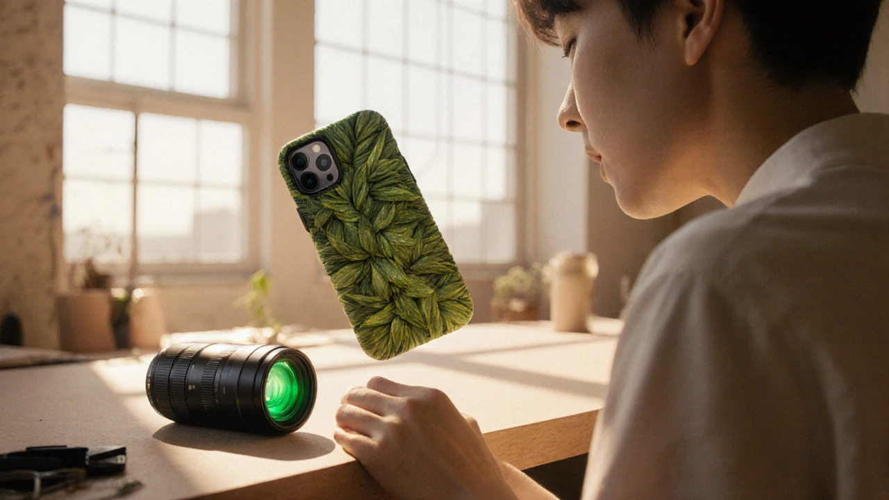 Designer displaying an eco‑friendly phone case and smart lens in a bright studio.