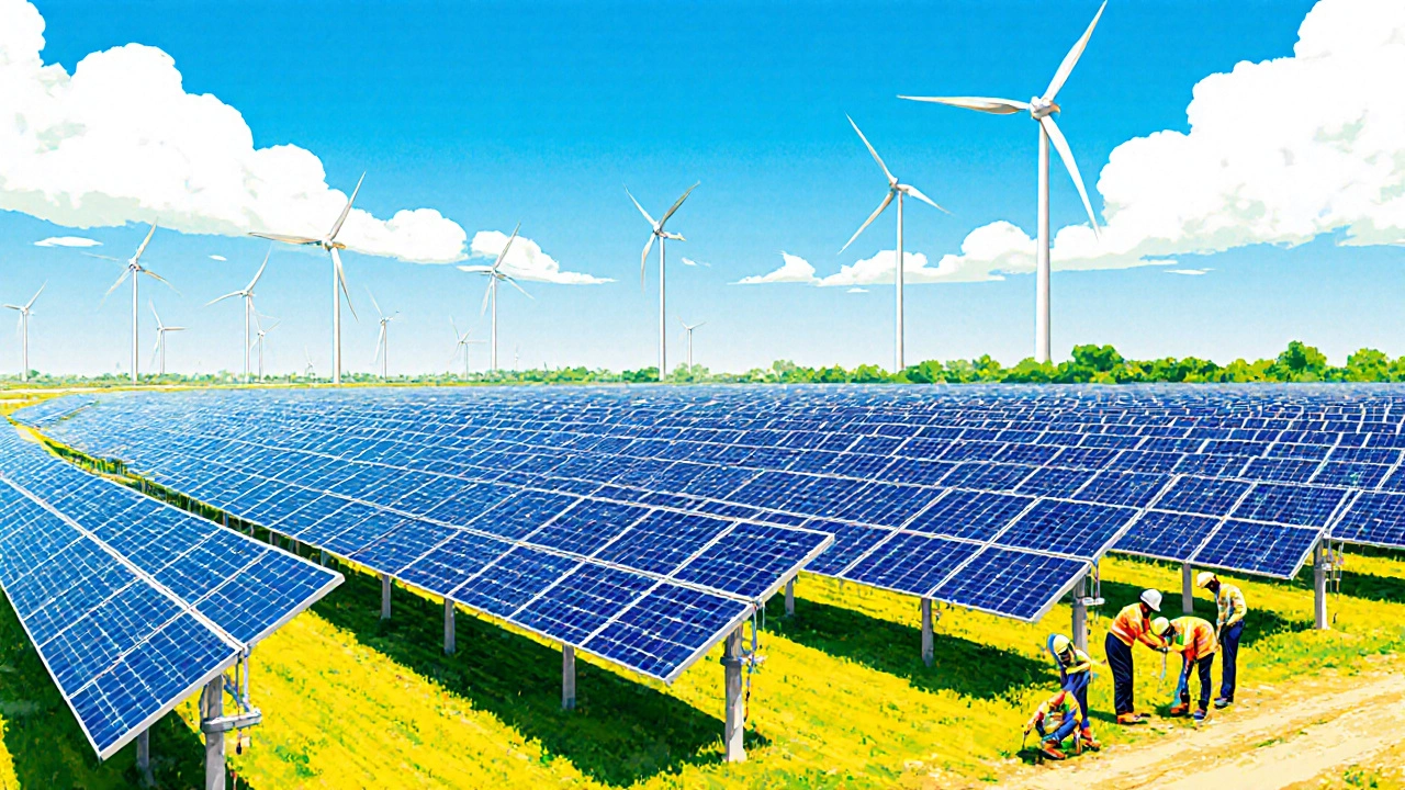 Expansive solar park with technicians and distant wind turbines under a bright sky.