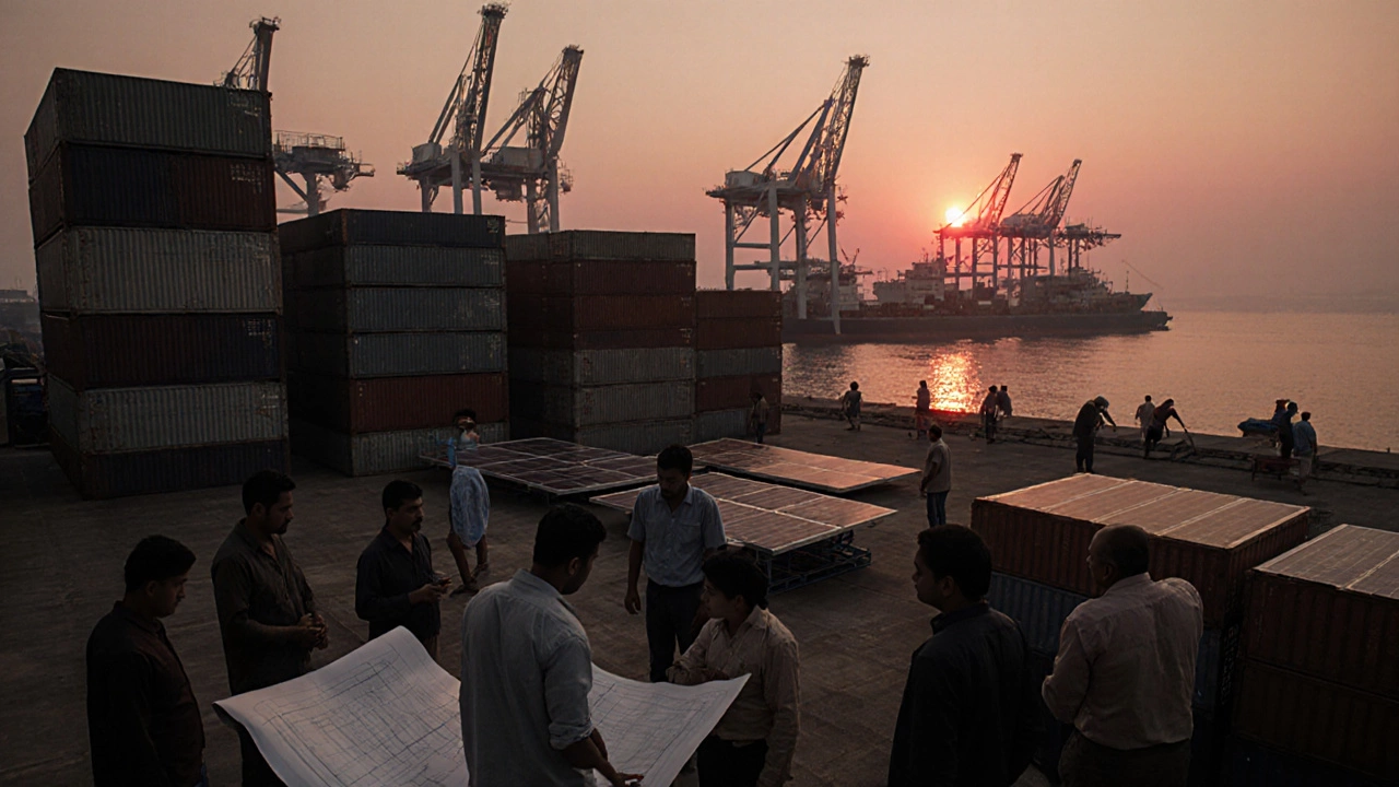 Factory workers assembling solar panels with export ships loading containers at sunrise.