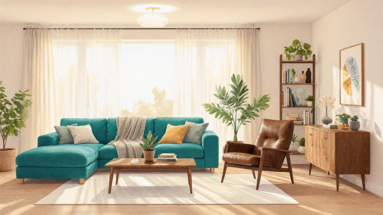 Family relaxing in a bright home with IKEA sofa, John Lewis armchair, Made.com table, Wayfair shelf, and Habitat sideboard.