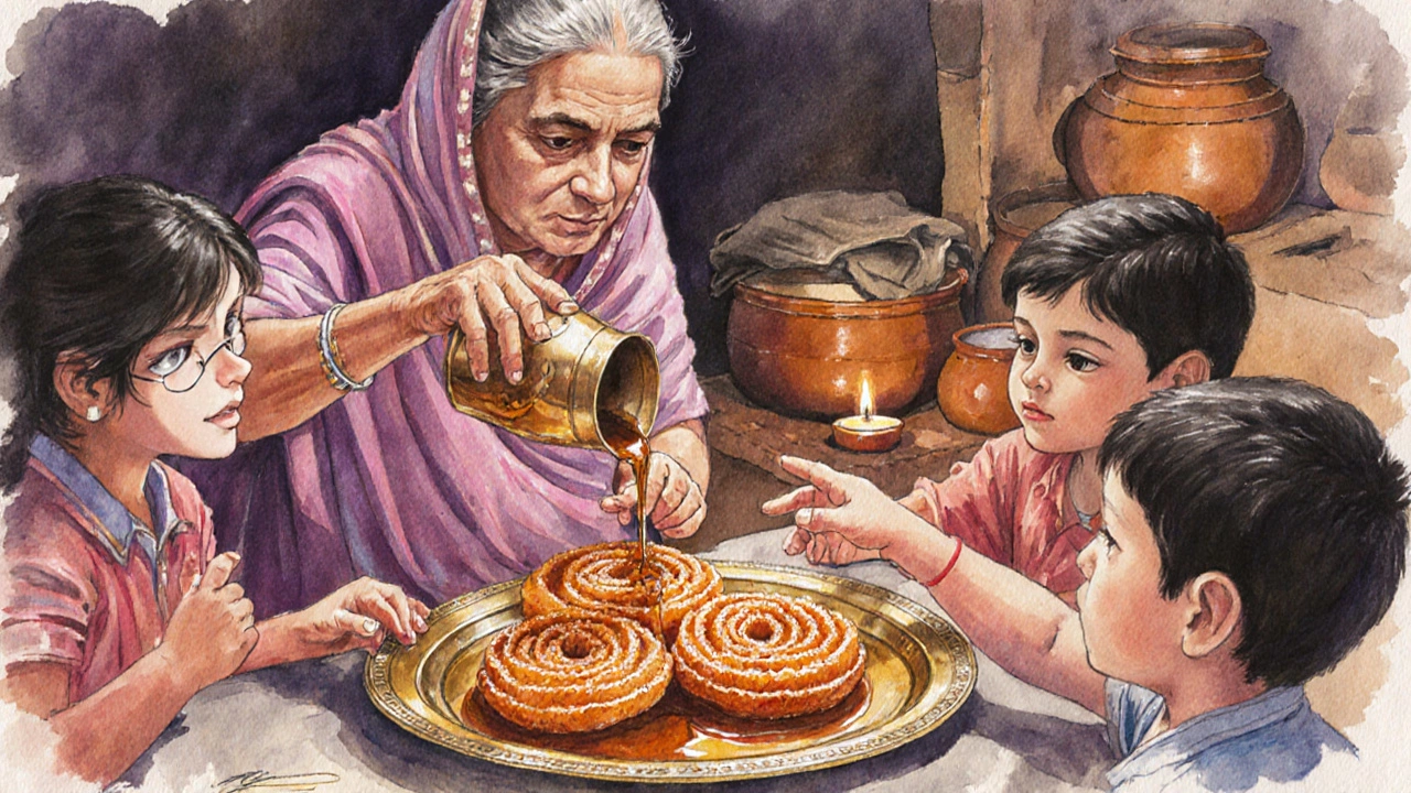 Family sharing warm jalebi at home, grandmother pouring syrup over freshly fried spirals under soft candlelight.