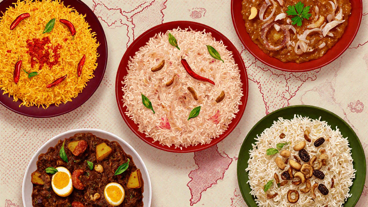 Five different biryani plates displayed together, each highlighting unique regional ingredients and colors.