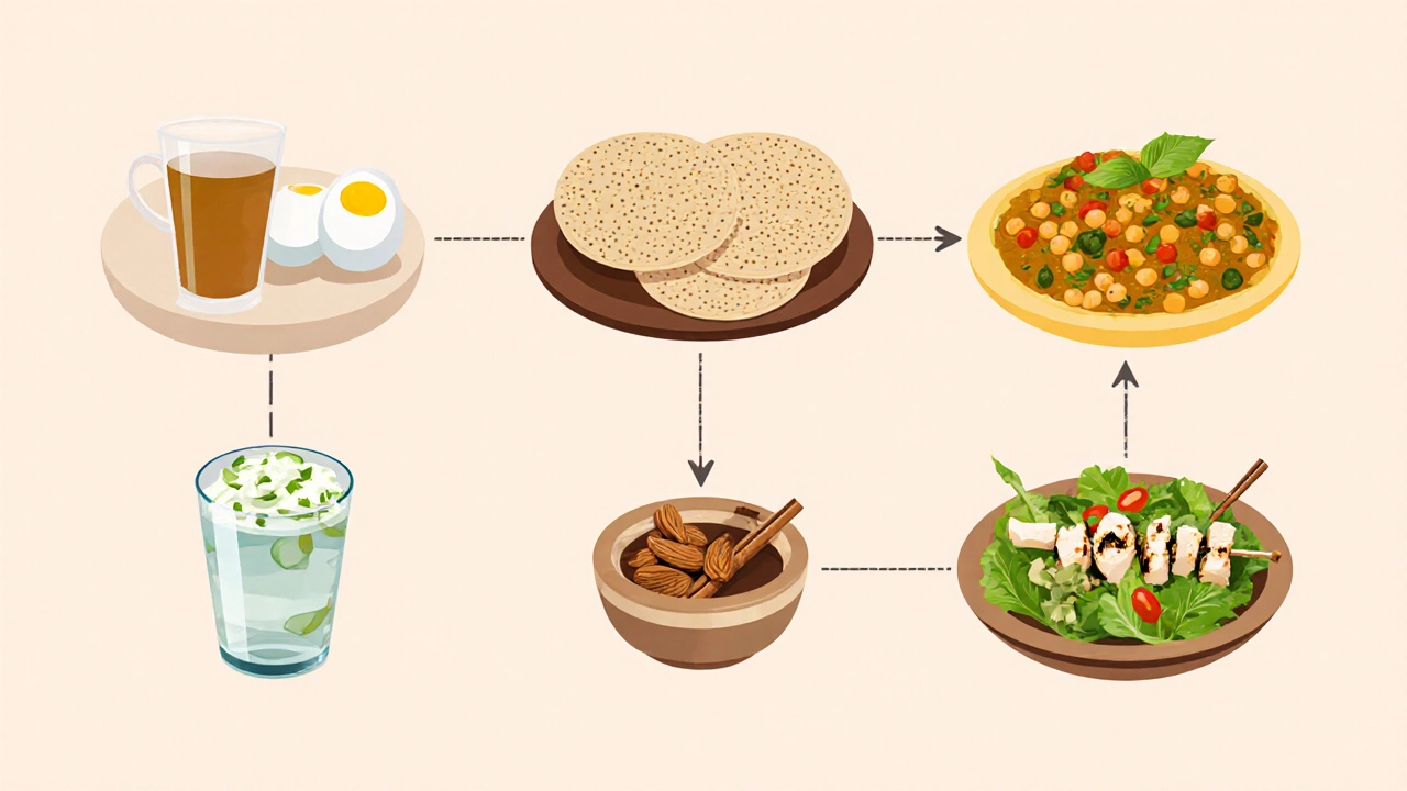 Flat‑design icons showing a day’s meals: tea with eggs, chickpeas, millet rotis with dal, coconut water, paneer tikka.