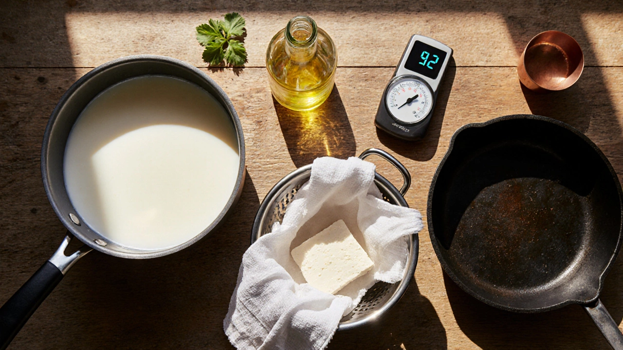 Flat‑lay of milk, thermometer, lemon juice, cheesecloth, colander, and weight for paneer.