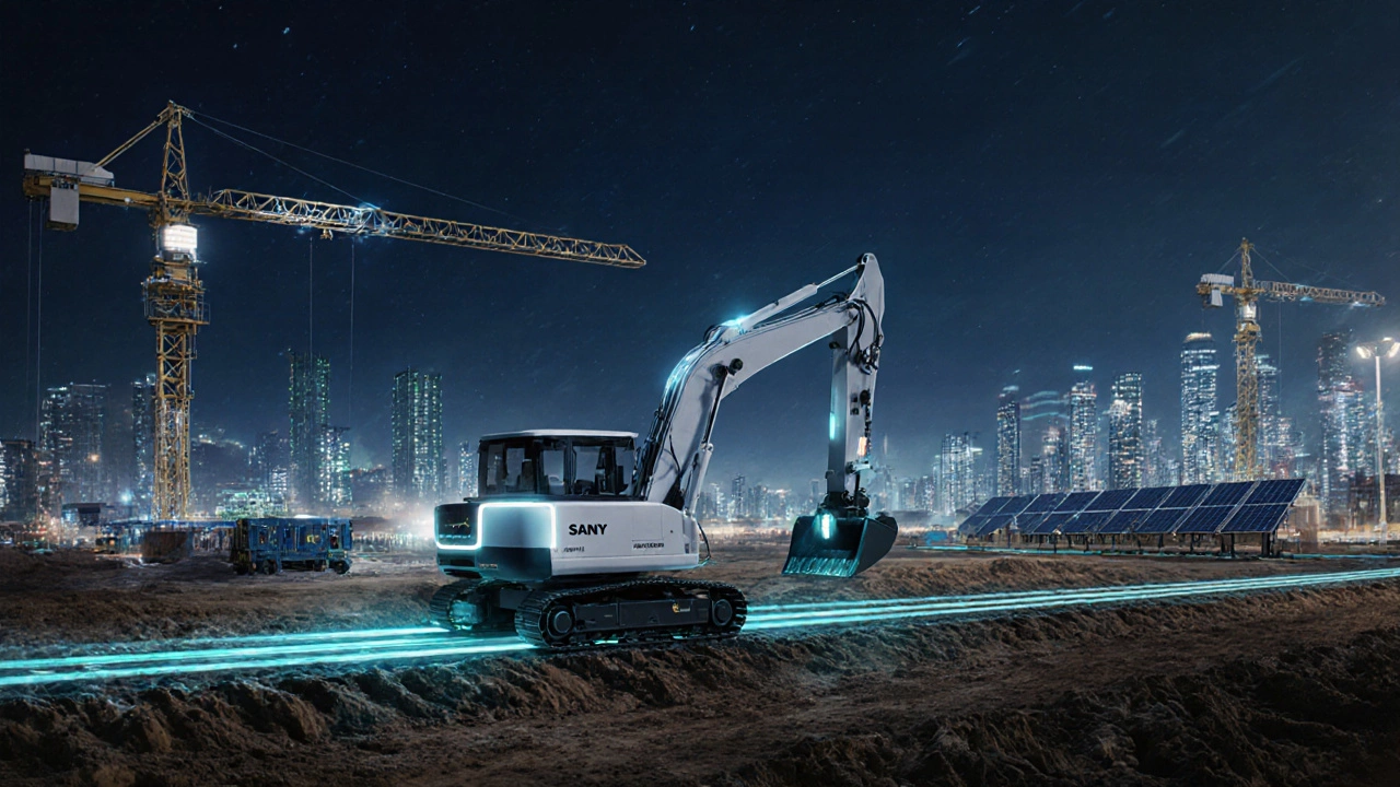 Futuristic electric autonomous excavator in a sustainable megaproject setting.