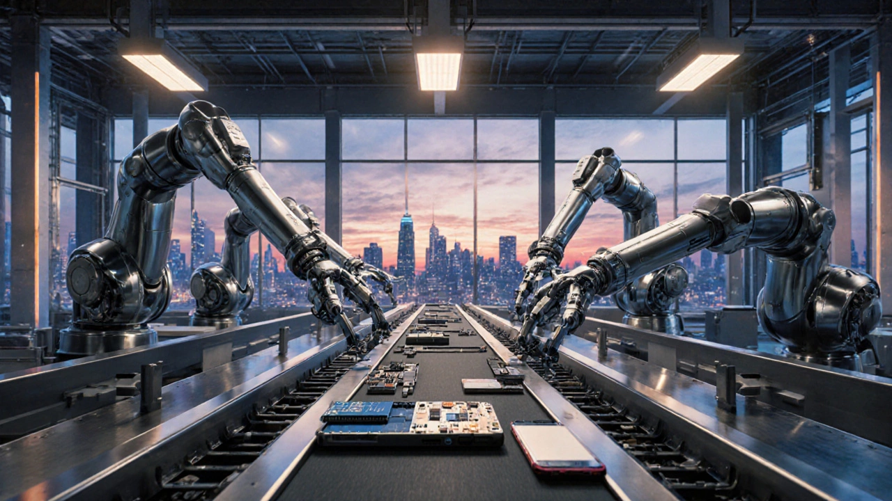 Futuristic factory line where robots assemble smartphone parts.