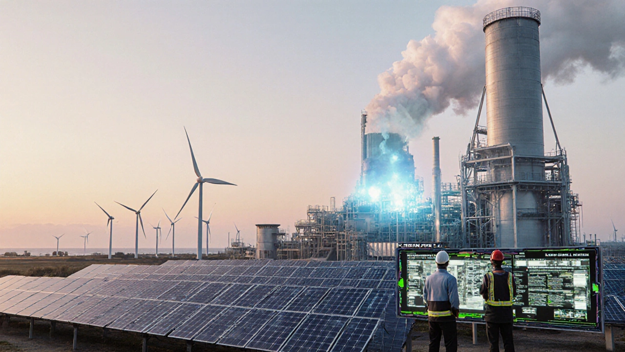 Futuristic green steel mill in Texas with hydrogen furnace and carbon capture.