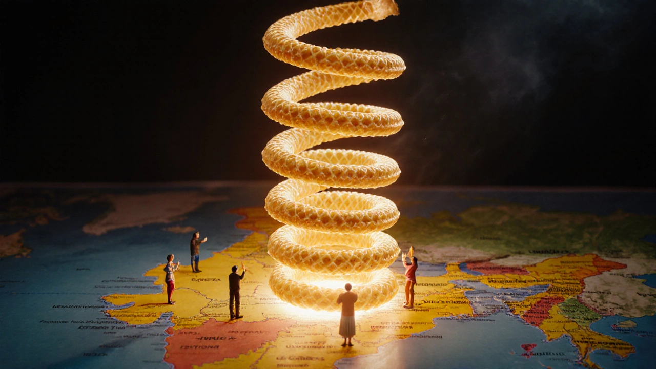 Giant golden jalebi spiral rising over India, showing regional variations glowing along its curves.
