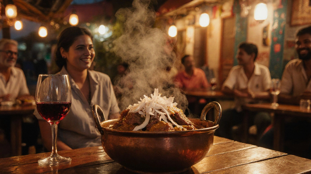 Goan restaurant at dusk serving steaming beef xacuti curry with coconut garnish.