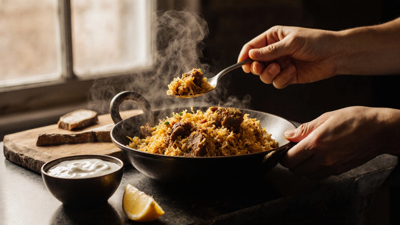 Hands lifting a spoonful of biryani with steam, accompanied by raita and lemon on a rustic table.