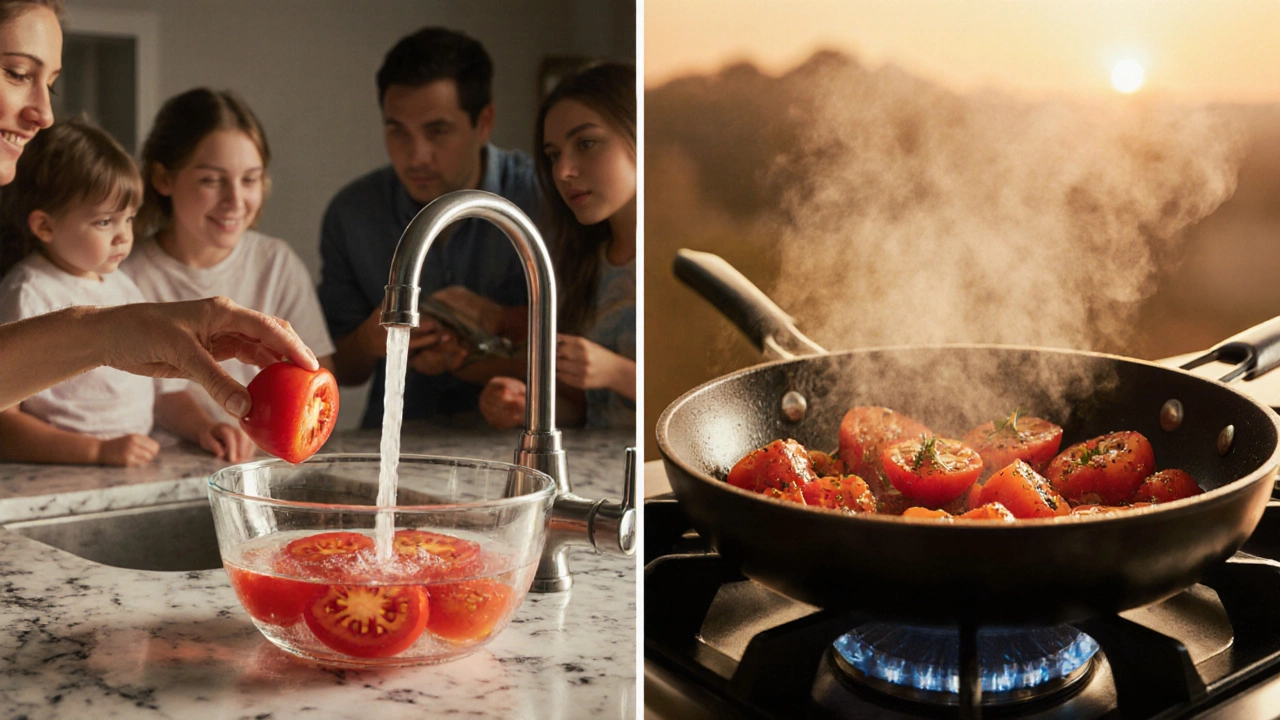 Home kitchen where tomatoes are rinsed in vinegar solution and then sautéed.