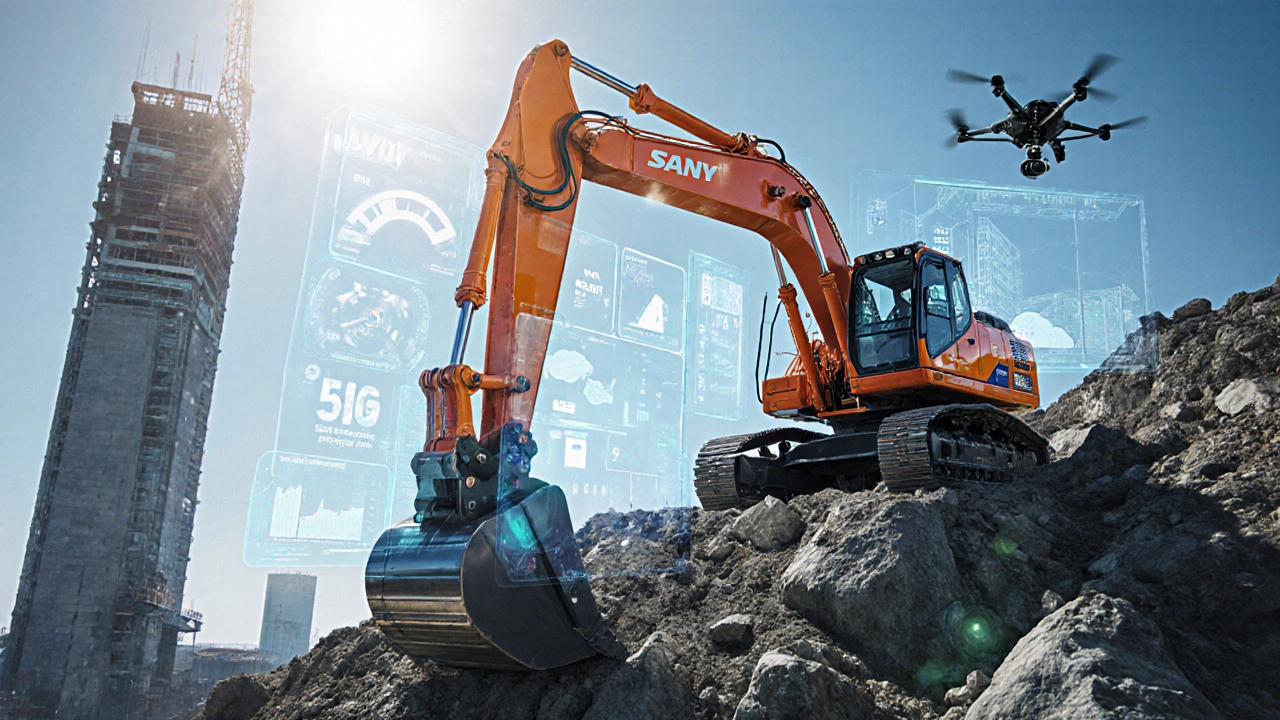 Hybrid SY215H excavator with holographic data panels working on a rocky site.