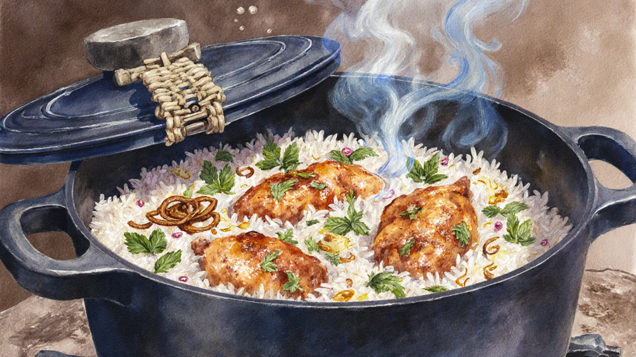 Illustration of layered biryani in a sealed Dutch oven with steam, showing meat, rice, herbs, onions, and ghee.
