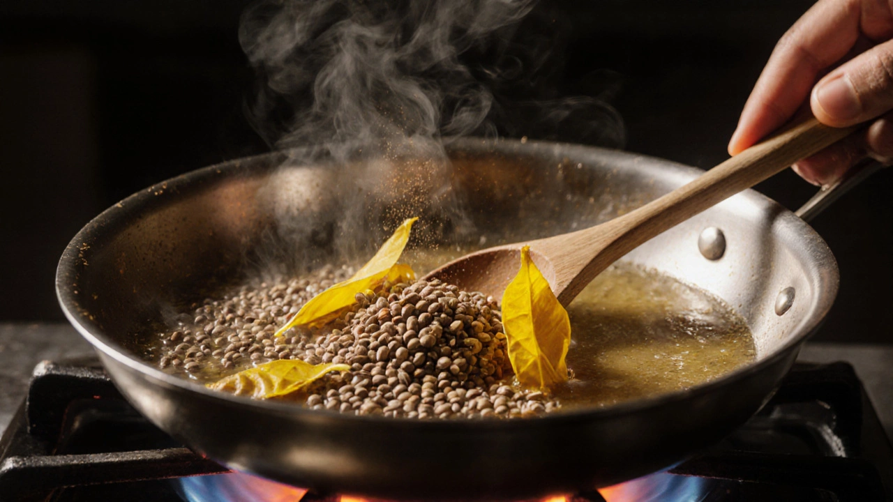 Illustration of mustard seeds popping, curry leaves and hing sizzling in hot oil.