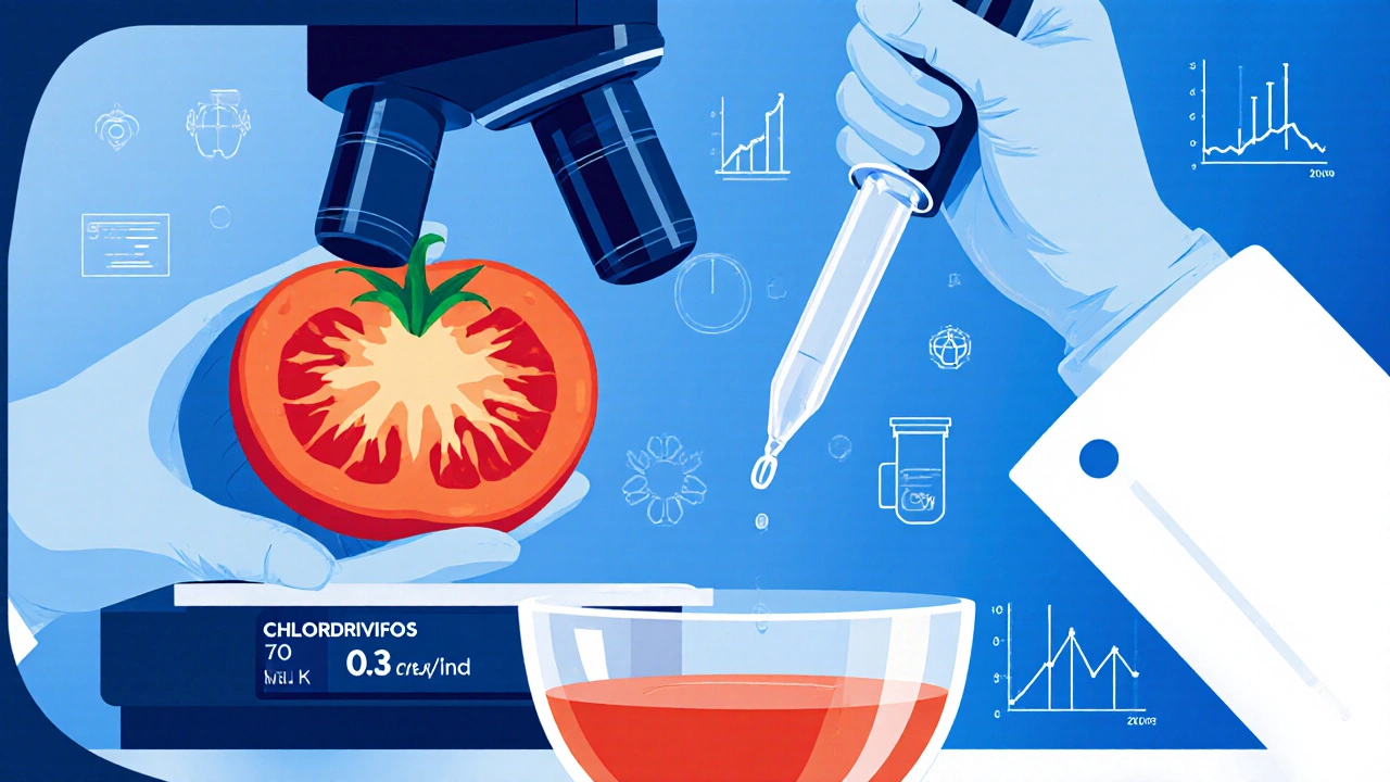 Lab scene showing a sliced tomato under a microscope with pesticide level readout.