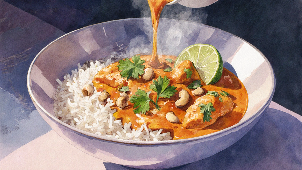 Ladling creamy chicken curry over rice, garnished with cilantro and lime in a warm setting.