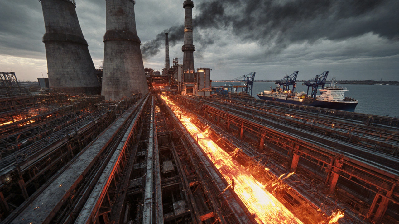 Low-angle illustration of Gary Works plant with furnaces and molten steel.