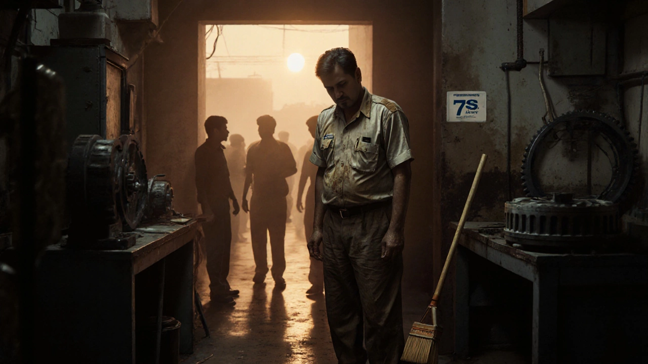 Manager sweeping at dawn as workers silently follow his example in a factory hallway.