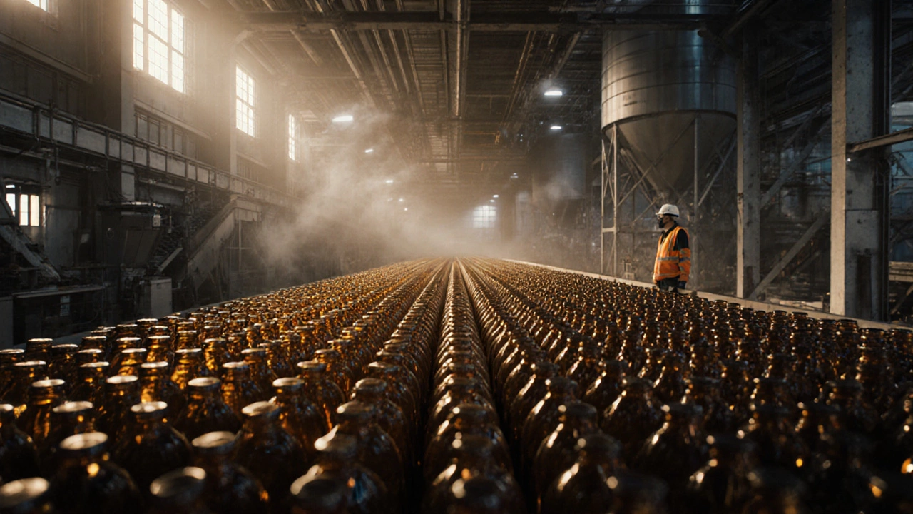 Massive Amcor factory interior with endless rows of PET bottles on conveyors.