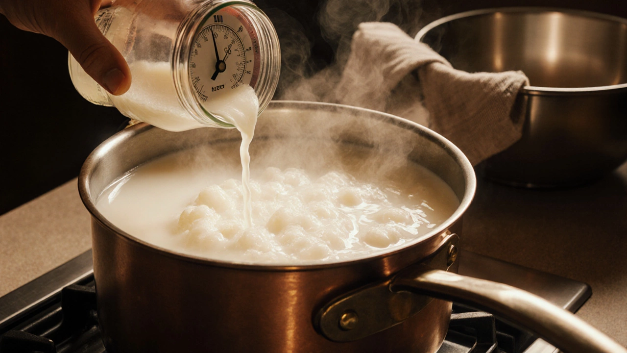 Milk in a pot being curdled with lemon juice, showing curds forming and a cheesecloth colander ready.