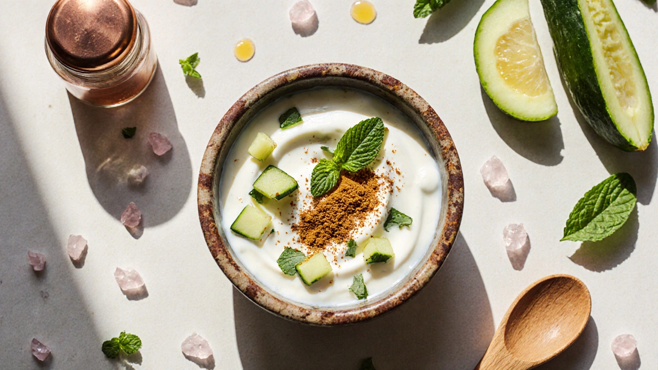 Overhead view of a bowl of Greek yogurt mixed with cucumber, cumin, and mint.