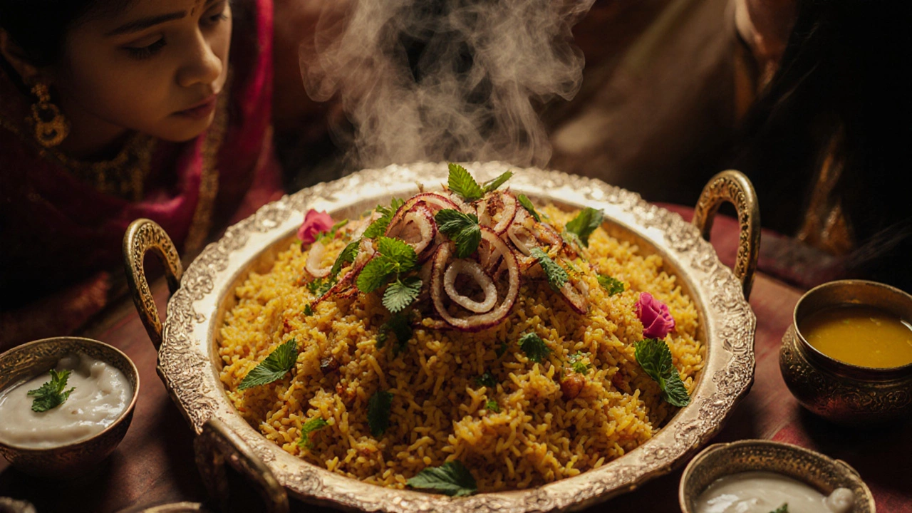 Overhead view of golden biryani on a platter, garnished with fried onions, mint, coriander, with steam rising.