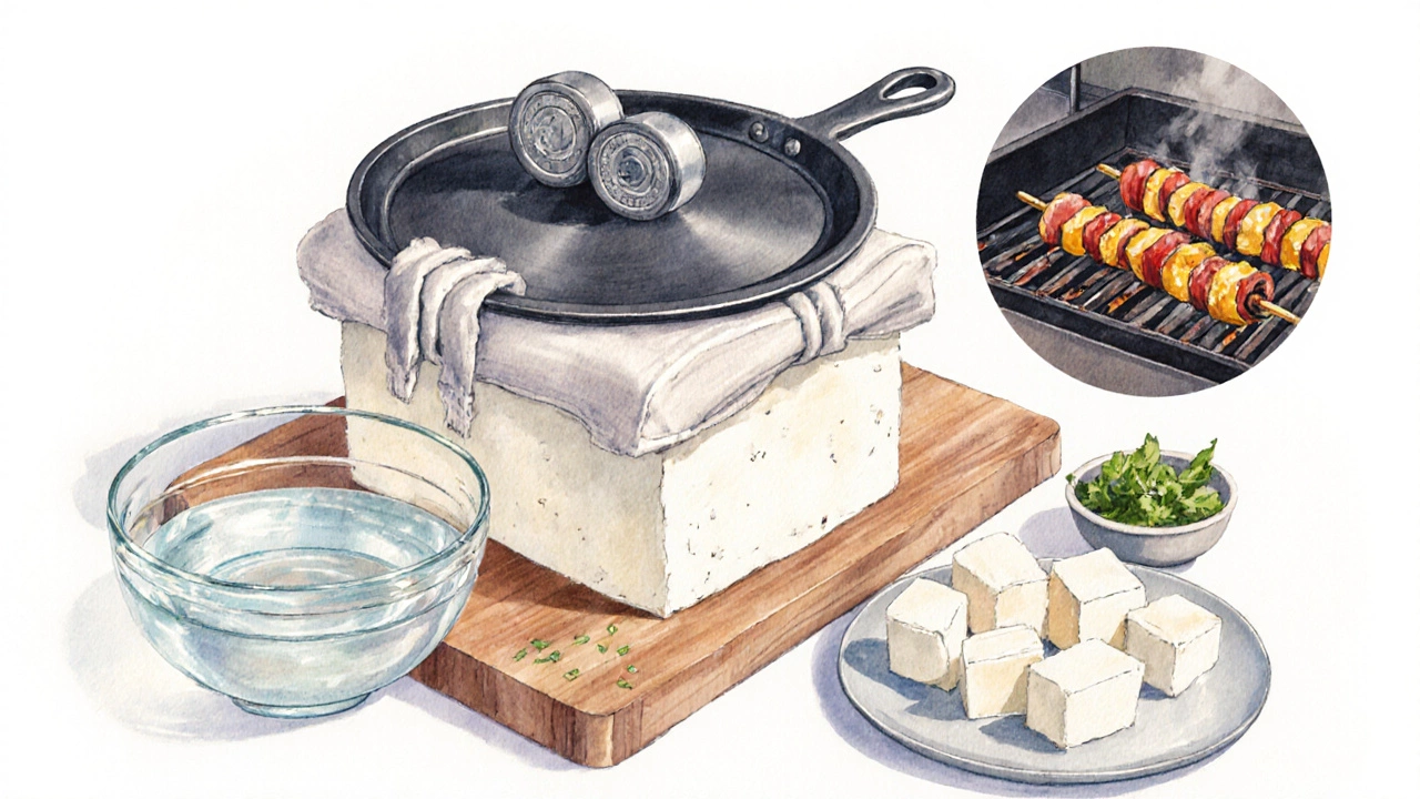 Pressed paneer block on cloth, cut into cubes, some in water, with grill kebabs nearby.