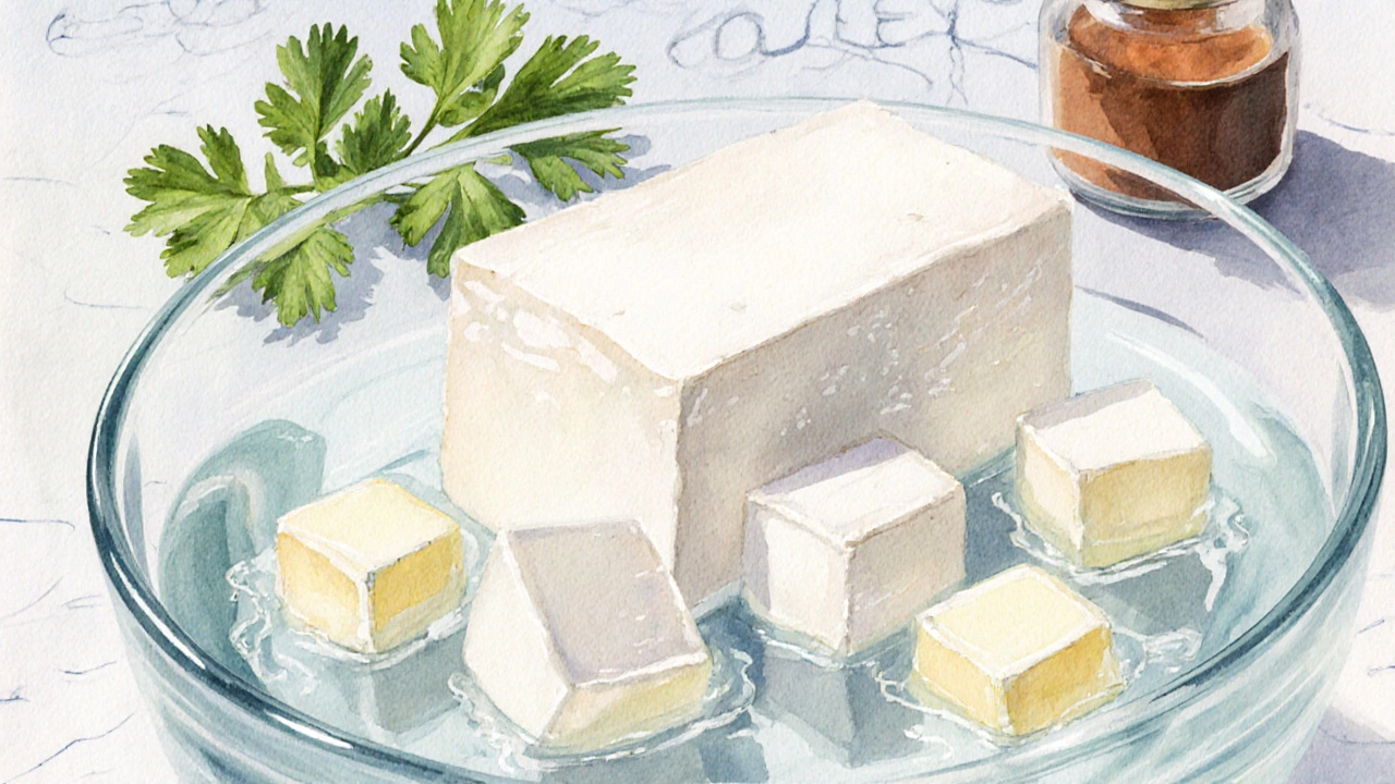 Smooth paneer cubes in water with butter and herbs, shown in watercolor style.