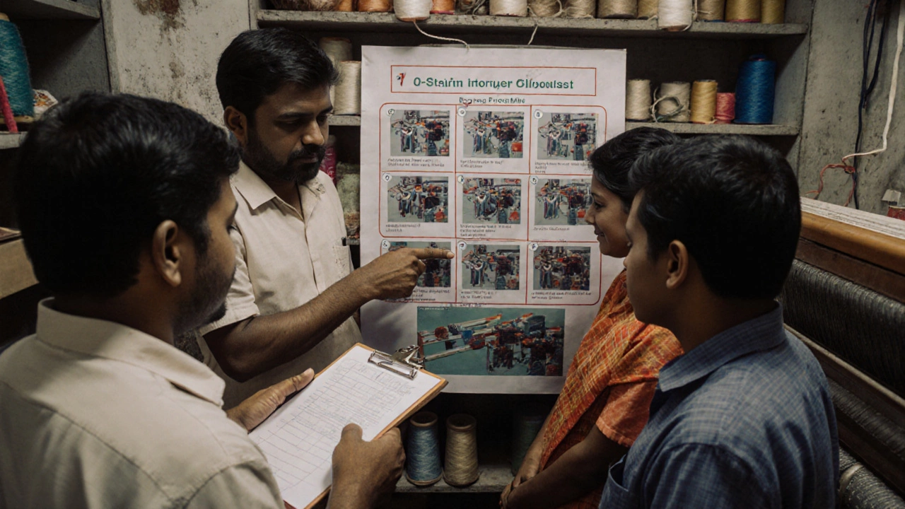 Team in a textile mill reviewing a visual checklist for loom setup.