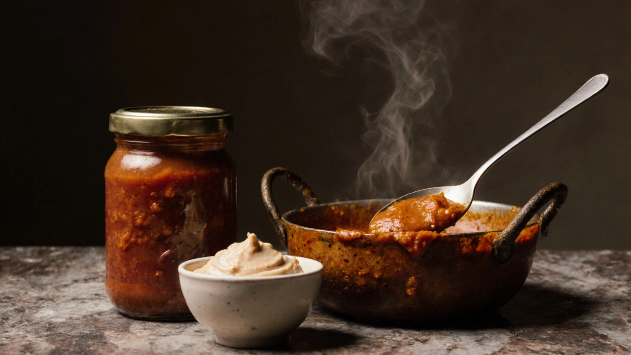 Three thickening agents for Indian curry: tomato paste, cashew paste, and a rich sauce clinging to a spoon.
