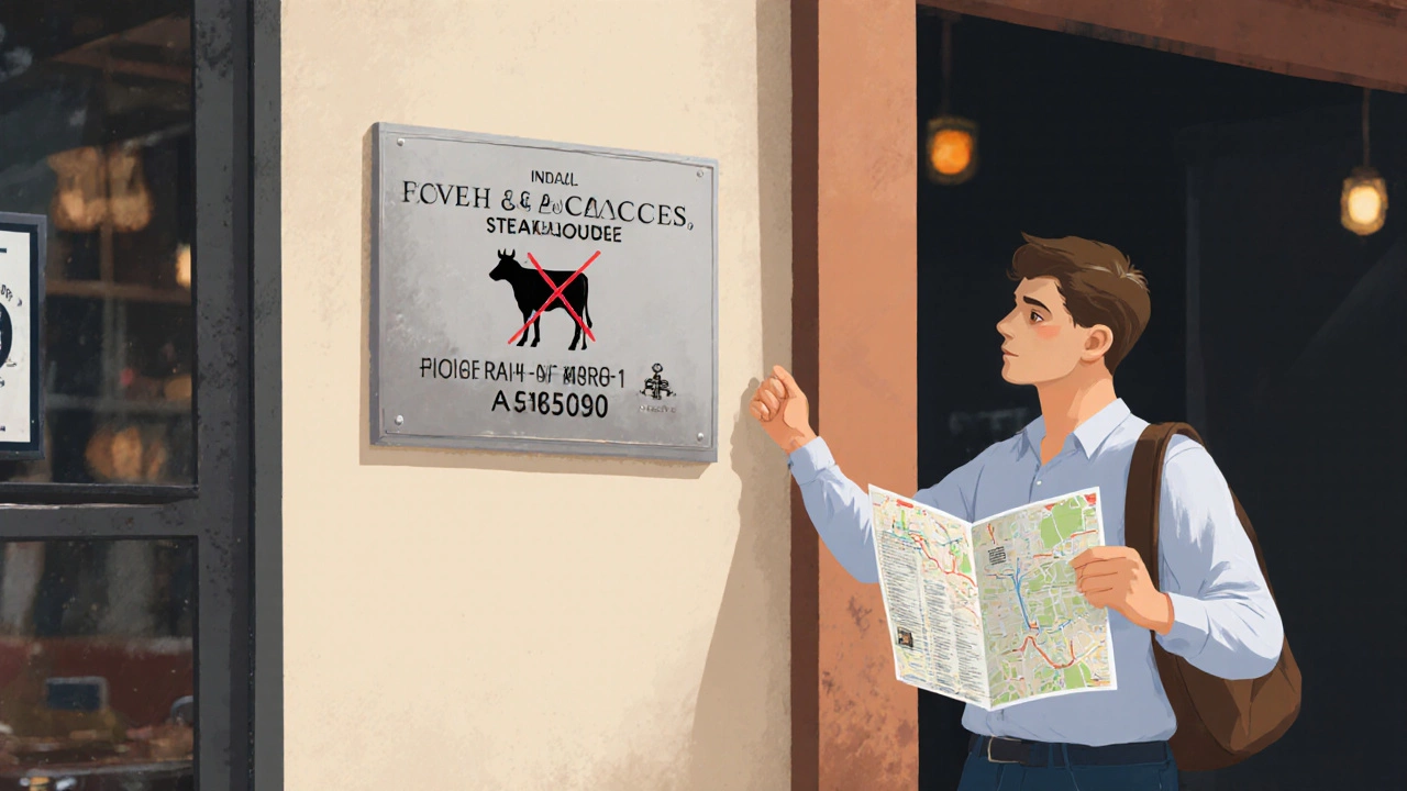 Traveler checking a restaurant’s FSSAI license plaque outside a Bangalore steakhouse.