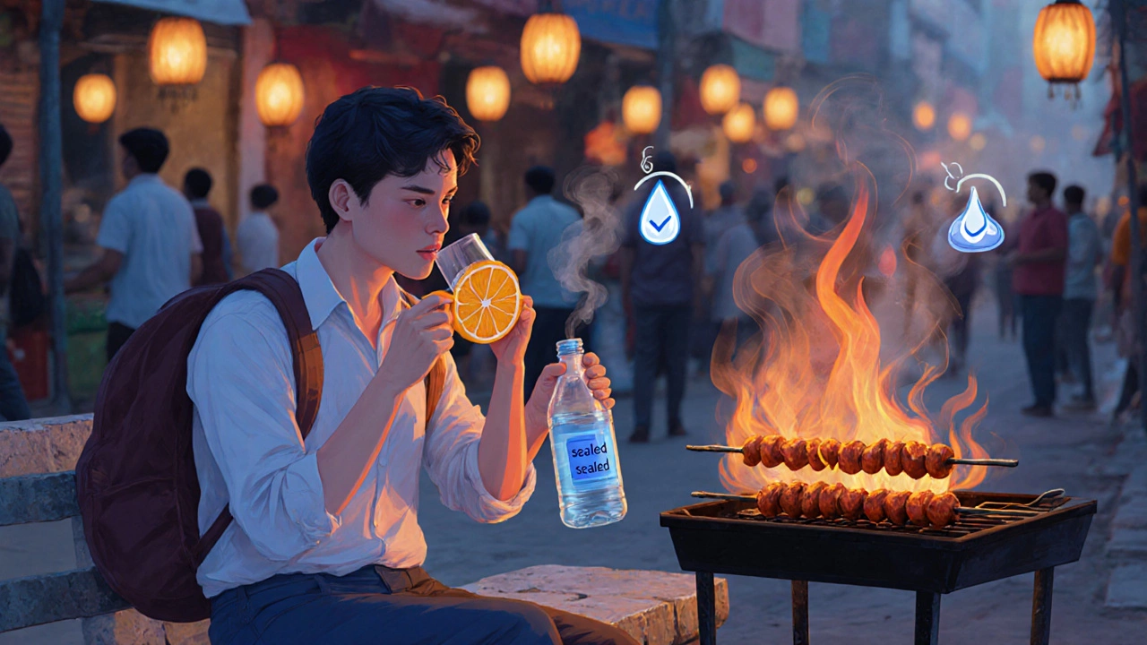 Traveler sipping boiled tea, peeling fruit, and watching food cooked on open flame for safe eating tips.