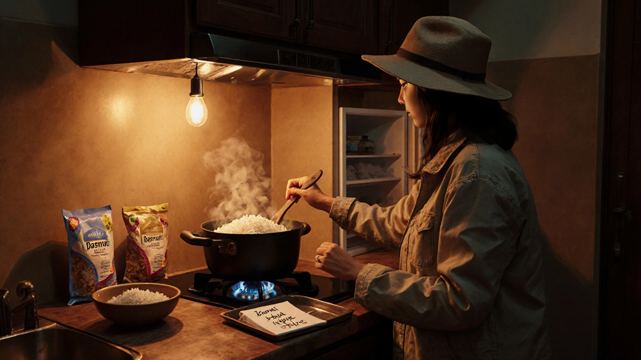 Traveler storing cooked rice and checking a pot in a cozy Indian guesthouse kitchen.