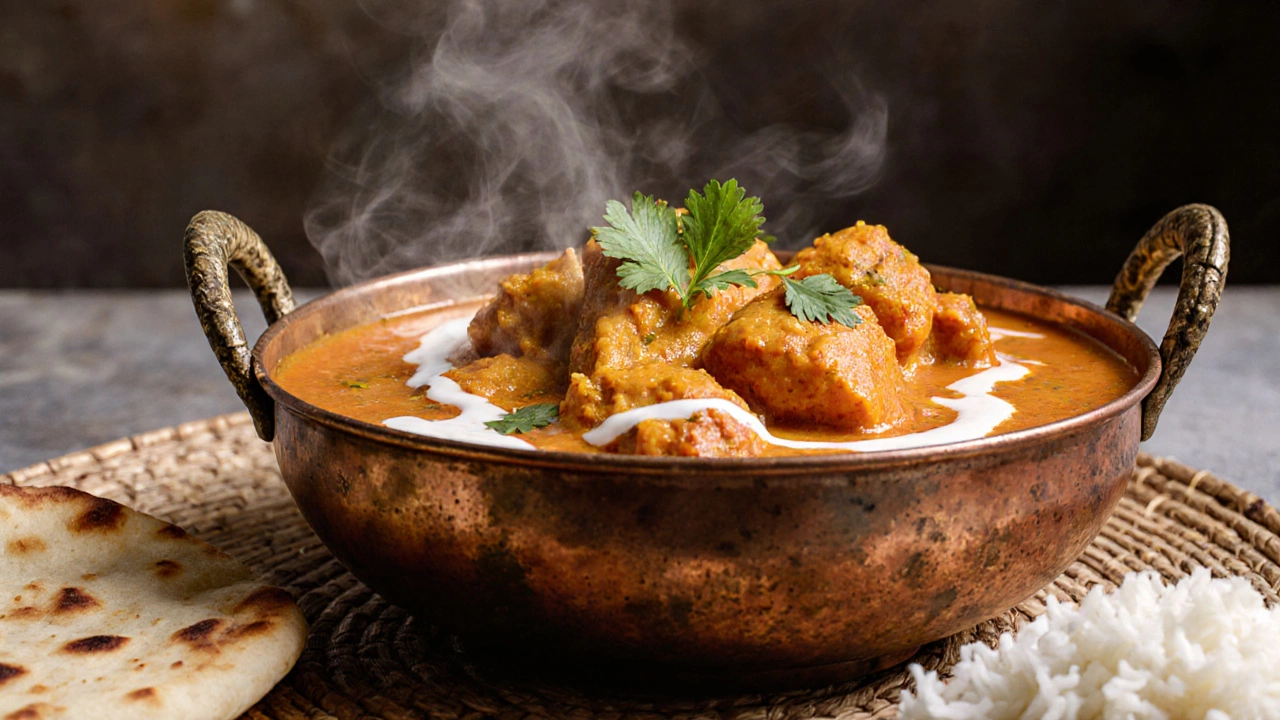 Watercolor of chicken curry in a copper bowl with cilantro, rice, and naan.