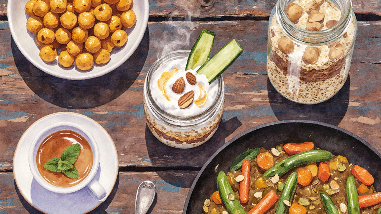 Watercolor of five Indian snacks: turmeric chickpeas, fenugreek yogurt dip, cinnamon oat jar, ginger tea, millet stir‑fry.