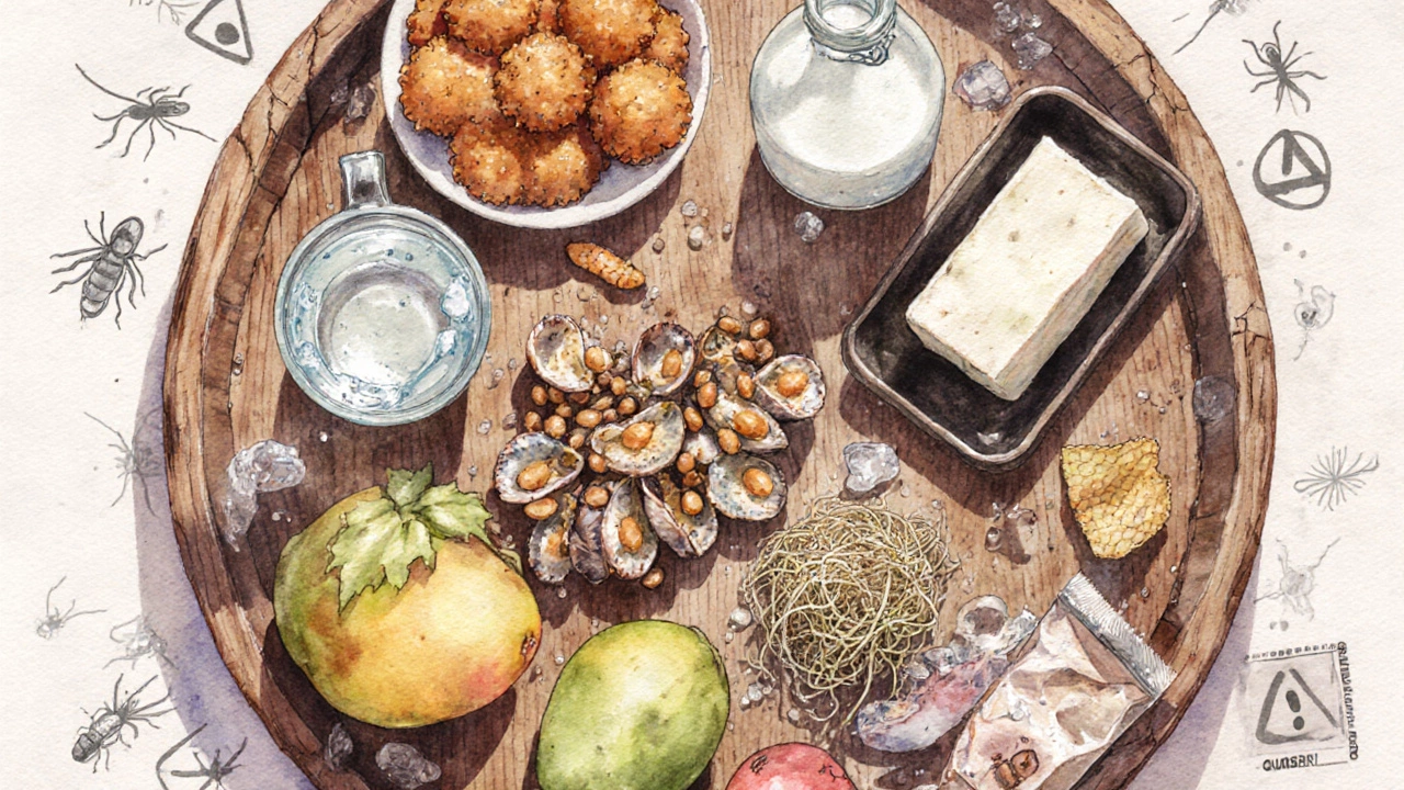 Watercolor of risky foods: tap water, raw milk, pre‑fried pakoras, paneer, shellfish, sprouts, fruit, expired chips.