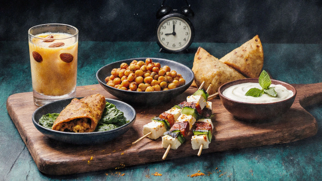 Watercolor platter showing five Indian night snacks and a cup of turmeric almond milk.