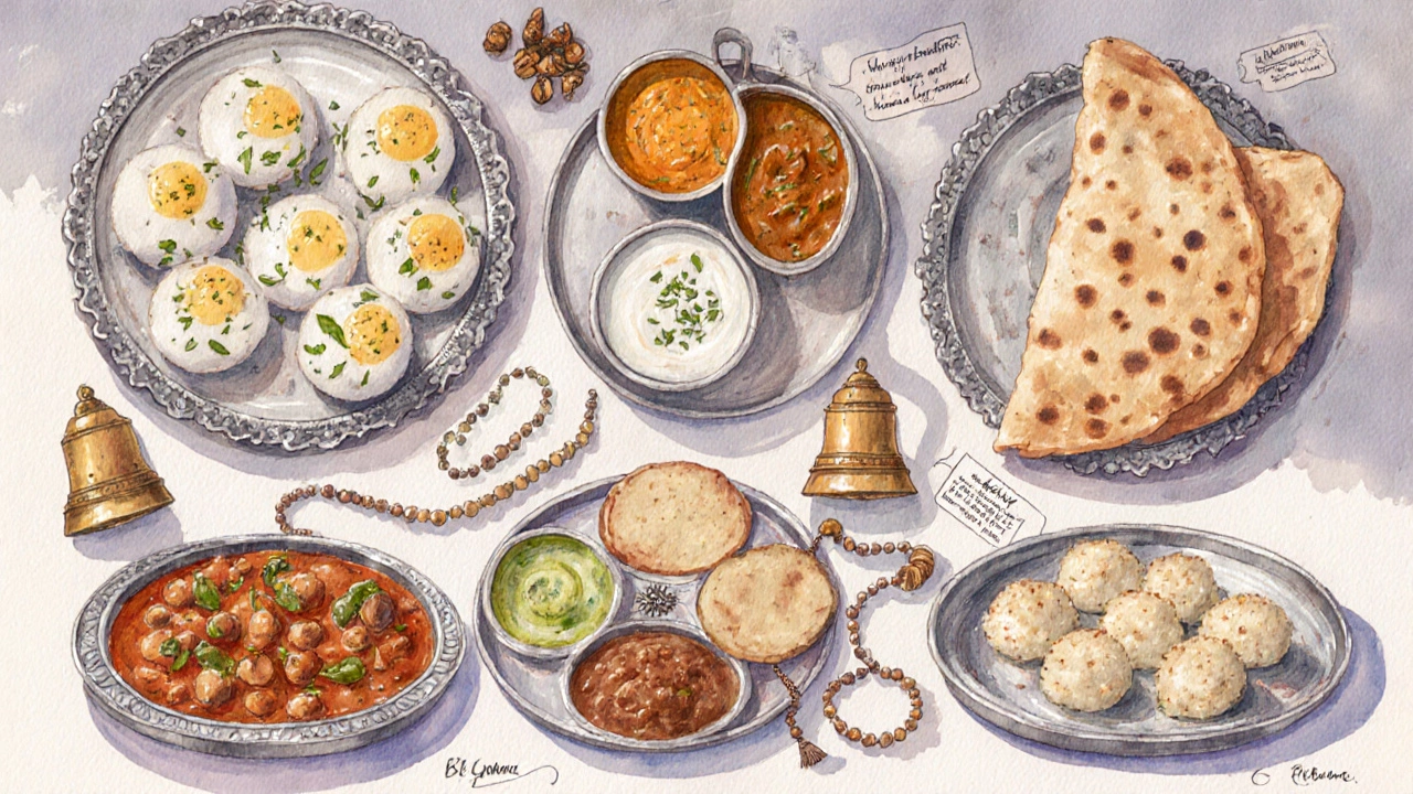A collection of regional Indian breakfast dishes on traditional thalis.