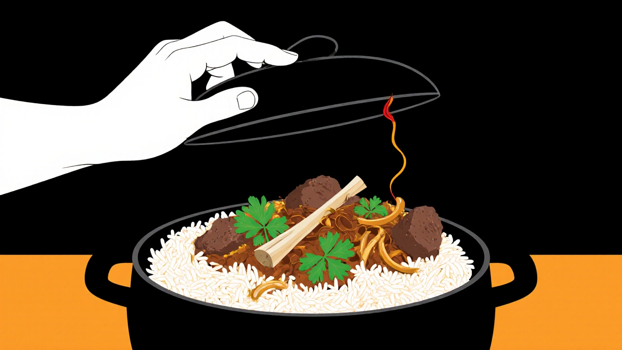 A hand lifting a pot lid to reveal perfectly layered biryani with saffron drifting upward.