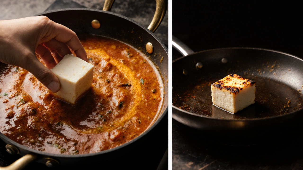 A paneer cube being added to a rich curry, with another crisp-fried cube in the background.